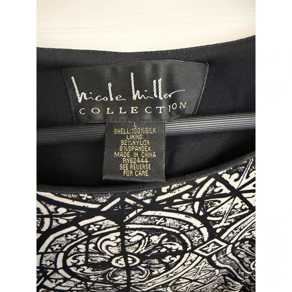 Nicole Miller Collection Women's Black White Patterned Silk Shift Dress Large